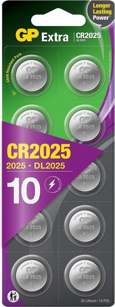 GP Extra Lithium CR2025 batterij (CR 2025 / DL2025)- 3V knoopcel batterij - 10 stuks batterijen CR2025