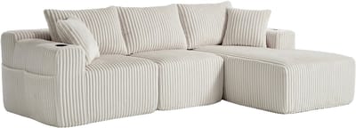 REDOM Modulaire Bank - Met Chaise Longue & 2-Zitsbank - Opbergvakken & Bekerhouders - Voor Woonkamer of Studio - Corduroy - Beige - 257x160x62 cm