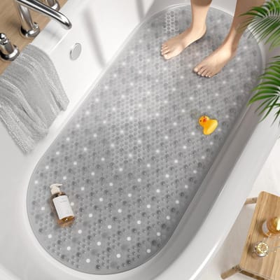 Anti-Mould Badmat 88x40cm, Antislip Douchematt met Zuignappen, Wasbare en Zachte Bubbelmat met Afvoergaten voor Badkamer Veiligheid, Grijs