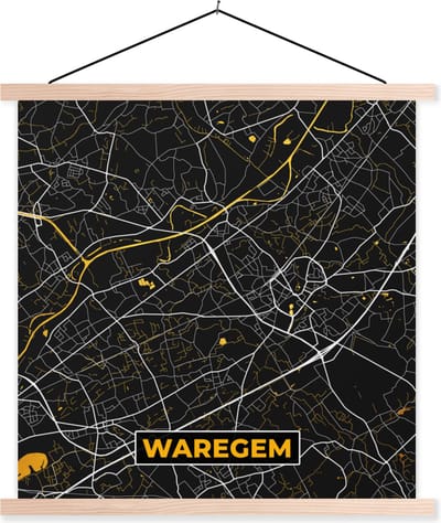 Posterhanger incl. Poster 40x40 cm - Schoolplaat - Waregem - Stadskaart - Kaart - Plattegrond - Goud - Textielposter - Blanke latten - Stadskaart