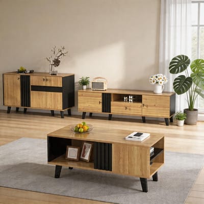 KOMHTOM - Vitrinekast - Glas & LED-verlichting - Zwart & Houttinten - Uniek Design met Zwarte Strepen