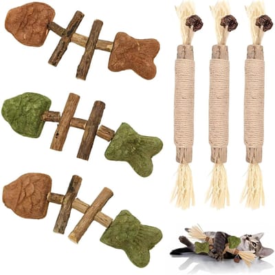 6 stuks kattenkruidspeelgoed - 3 kattenkruidstokken - 3 kattenkauwhouten sticks - voor katten - tandverzorging - tegen slechte adem - kattenspeelgoed - tandverzorging voor katten