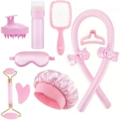 Haarrollers - 11 Delig - Hittevrije krultang - Heatless Curls - Krullen zonder Hitte -Incl. Haarklem en Satijnen Slaapmuts (roze)