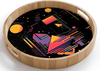 Dienblad rond 40x40 cm - Schootdienblad hout - Abstract - Vormen - Lijnen - Kleurrijk - Borrelplank rechthoek - Plateau houten dienbladen