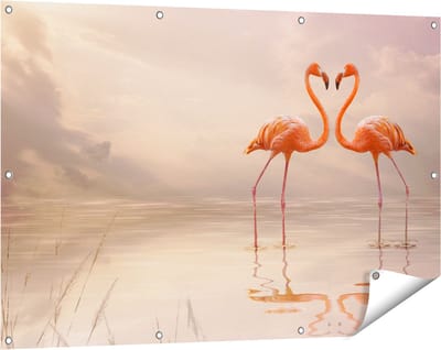 Gards Tuinposter Twee Flamingo's in een Hartjes Vorm - 120x80 cm - Tuindoek - Tuindecoratie - Wanddecoratie buiten - Tuinschilderij