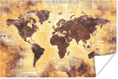 Poster 30x20 cm - Wereldkaart - Glitter - Goud - Posters - Kamer decoratie - Wanddecoratie woonkamer - Muurdecoratie slaapkamer