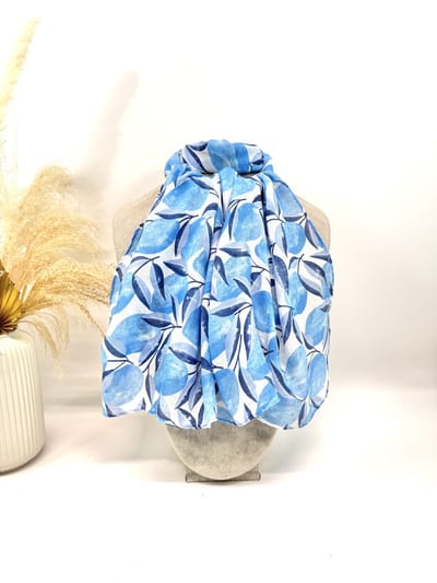 Lange dames sjaal Lou-gebloemd motief-blauw wit saffier aqua donkerblauw