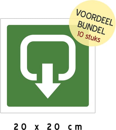 Pictogram/ bord (10x) | Nooduitgang met pijl naar beneden | 20 x 20 cm | Voordeel bundel | Brandweg | Noodgevallen | Verzamelpunt | AED | Openbaar gebouw | Eerste hulp | Noodsituatie | Pijlen | Brandweer | 10 stuks