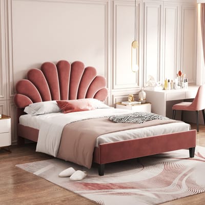 Wishdor Gestoffeerd Twijfelaar Bed 140x200 cm - Schelpvormig Hoofdbord (Verstelbaar) - Zacht Fluweel - Roze