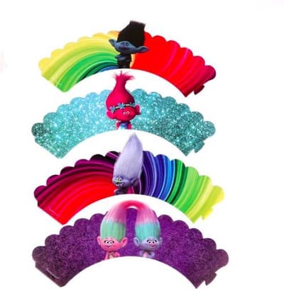 ProductGoods - 12 Stuks Trollz Mini Cupcake Bakjes + 12 Cupcake Trollz Versiering - Kinderen - Kinderfeestje - Party - Taart Decoraties - Verjaardag Decoratie - Happy Birthday - Trollz - Omslagen - Omslag - Mini Cupcake