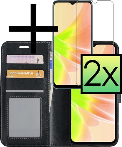 Hoesje - Met 2x Screenprotector - Geschikt voor OPPO A17 - Luxe Pasjeshouder - Bookcase Portemonee - Flip Case - Kunstleer Book Case - Flipcase Hoes - Book Cover - Walletcase - Portemonneehoes - Zwart