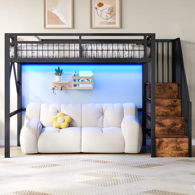 Hoogslaper 90x200 cm - Metalen Frame, LED-Verlichting, Trap met Opbergruimte, Zonder Matras - Zwart