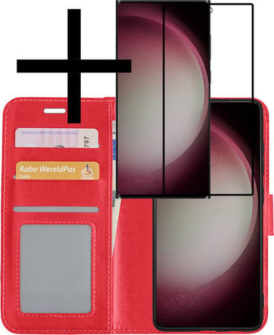 Hoesje - Met Screenprotector - Geschikt voor Samsung Galaxy S23 Ultra - Luxe Pasjeshouder - Bookcase Portemonee - Flip Case - Kunstleer Book Case - Flipcase - Book Cover - Walletcase - Portemonneehoes - Rood