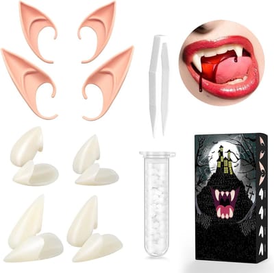 Vampier Tanden en Elf Oren Set voor Halloween, Cosplay en Feestjes, Inclusief Tandlijm, 4 Maten