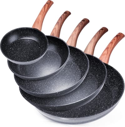 Koekenpan Set BLACK&WOOD 16 / 20 / 24 / 28 / 32 cm 5 stuks - Koekenpannen - Braadpannen - Koekenpannenset - Multifunctionele Pan voor Vlees - Groenten