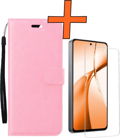 Hoes - Met Screenprotector - Geschikt voor OnePlus Nord CE4 - Luxe Pasjeshouder - Bookcase Portemonee - Flip Case - Kunstleer Book Case - Flipcase - Book Cover - Walletcase - PortemonneeHoes - Lichtroze