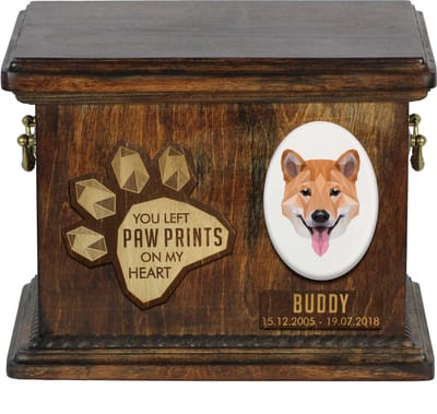 Persoonlijke urn voor Shiba Inu met gravure en herdenkingsdoos
