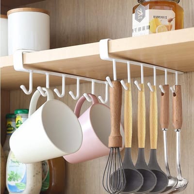 Famanu – Bekerhouders set van 2 stuks voor onder het rek, zonder boren, ideaal voor het ophangen van koffiekoppen, keukengerei, stropdassen, riemen, sjaals en sleutels, wit