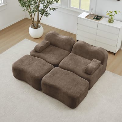 REDOM Modulaire 2-zits bank – Zonder binnenframe & golvend design – Verplaatsbaar armkussen & diepe zitting – Fluweel bruin – 192x167x70 cm – Incl. hocker