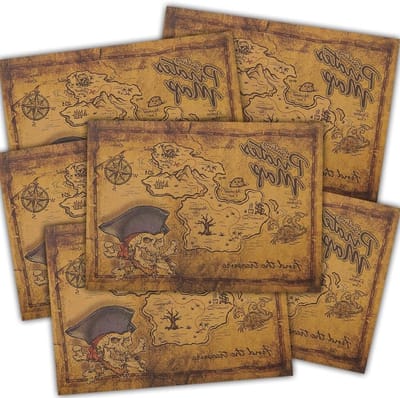 SnelShoppen - Piraten Inpakpapier voor Kinderen - 6 Stukken Vintage Piratenkaarten - Schatkaart Themaparty Verpakking - Perfect voor Verjaardagen, Bab