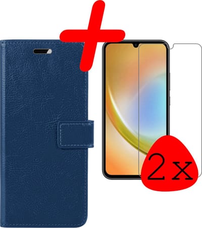Hoesje Met 2x Screenprotector - Geschikt voor Samsung Galaxy A34 - Luxe Pasjeshouder - Bookcase Portemonee - Flip Case - Kunstleer Book Case - Flipcase Hoes - Book Cover - Walletcase - Portemonneehoes - Donkerblauw