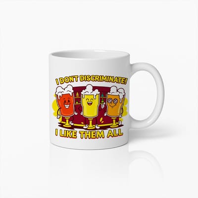 Grappige “Ik Discrimineer Niet, Ik Vind Ze Allemaal Lekker” Biermok – Humoristisch Cartoon Ontwerp, Perfect Cadeau voor Bierliefhebbers en Feestvrienden