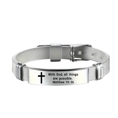 Christian Bracelet Matthew 19:26 - With God All Things Are Possible - Verstelbare Bijbel Armband voor Dames & Heren - Roestvrij Staal & Leer - Inspirerend Christelijk Sieraad met Gravure - Religieus Cadeau voor Pasen, Kerst of Verjaardag