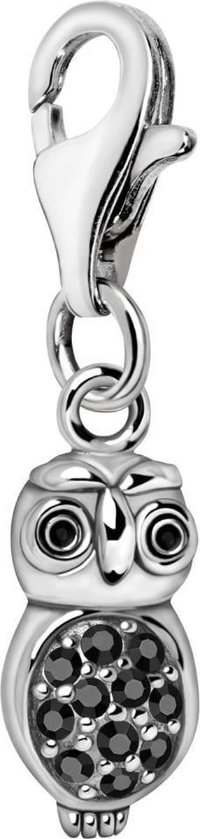 Quiges – 925 - Zilver – Charm - Bedel - Hanger - 3D Zwarte Zirkonia Uil - met – sterling - zilver - karabijnslot - geschikt - voor - Bedelarmband HC330