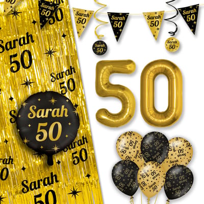 LUQ – All-Out Glam Set Sarah – Zwart-Goud Verjaardag Decor – Luxe Feestpakket Ballonnen-Slingers-Vlaggenlijn-Gordijn