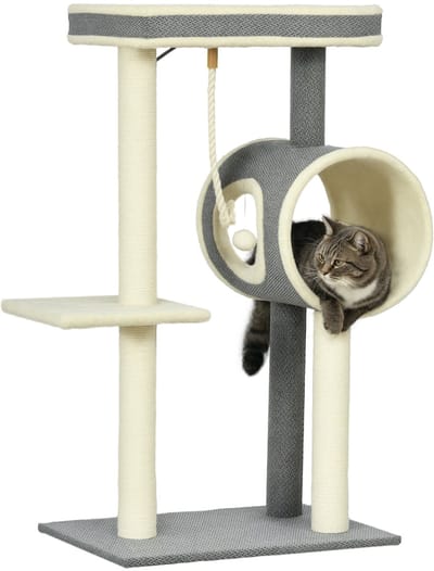 PawHut Kratzbaum 104 cm Katzenbaum mit Katzenhöhle, Katzenkratzbaum mit Spielball, Katzenbaum mit 2 Liegeflächen, Kletterbaum für Katzen bis 5 kg, Katzenmöbel, Sisal, Grau