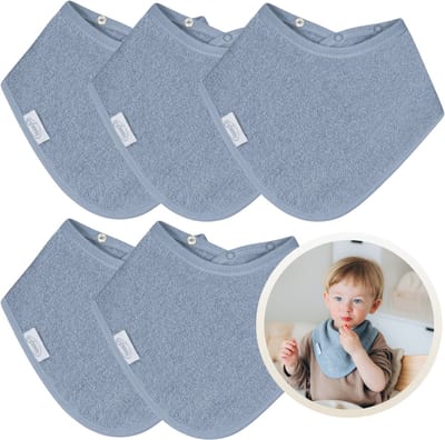 Funnies Bandana Slabbetjes 5 Stuks Grey Blue - Set van 5 Zachte Slabbetjes - Kwijldoekjes - Spuugdoekjes - Gemaakt van 100% Katoenen Badstof - Absorberend, Zacht en Makkelijk Wasbaar - Ideaal voor Baby’s bij Voeden, Kwijlen en Spugen