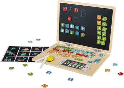 Lupilu Houten Laptop - Oefen Spelenderwijs (klok)lezen en rekenen - vanaf 3 jaar - 78 magnetische letters, cijfers en rekenkundige tekens - Met mobiele telefoon en beschrijfbaar bord - Incl. spons en 2 stuks krijt - 84-delig