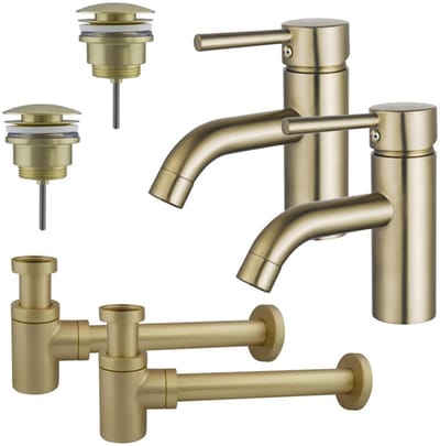 FugaFlow Eccelente Sobrado Badkamer Wastafelkraanset - voor dubbele wastafel - lage wastafelkraan - klikwaste plug - verlaagde design sifon - PVD Geborsteld Messing