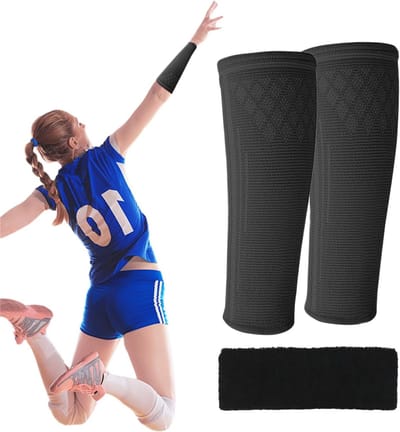 Allecto Plus - 1 paar zwarte volleybal-armbeschermers en zweetabsorberende bandana - Volleybal-armbescherming voor optimale bescherming - Geschikt voor volleybalsporten