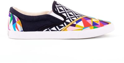 Inkkas Blake dames Vegan Slip On – kleurrijke slip-on sneaker met geometrische print – zwarte zijkant – lichtgewicht canvas & 100% Vegan, maat 37