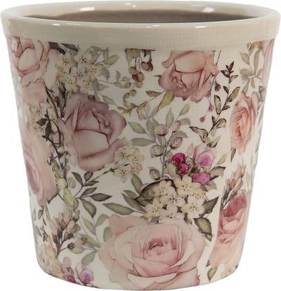 Clayre & Eef Bloempot Ø 12x11 cm Wit Roze Keramiek Bloemen