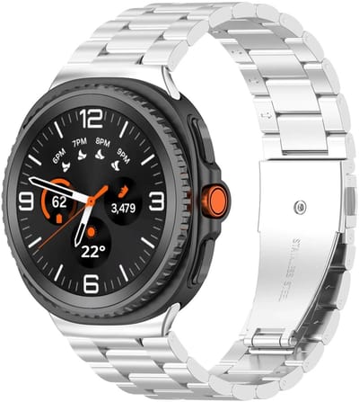 DrPhone Elite No-Gap RVS Horlogeband – Metalen Drie-Link Armband voor Samsung Watch 8 / 8 Classic 40mm/44mm/46mm - Premium Roestvrij Staal Polsband – Zilver