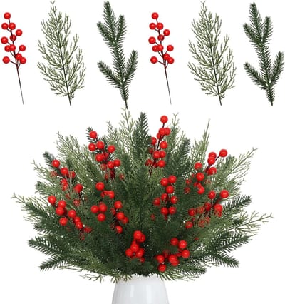 Realistische Kunststof Denn takken met Bessen voor Kerstdecoratie - 65 Stuks voor Adventskrans en Feestelijke Versiering