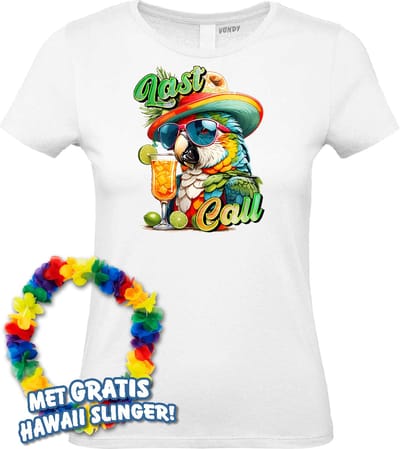 Dames t-shirt Last Call | Toppers in Concert 2024 | Club Tropicana | Hawaii Shirt | Ibiza Kleding | Wit Dames | maat XS