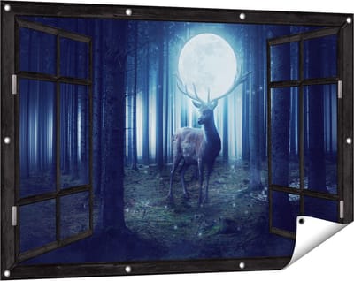 Gards Tuinposter Doorkijk Hert in het Bos tijdens Volle Maan - 120x80 cm - Tuindoek - Tuindecoratie - Wanddecoratie buiten - Tuinschilderij