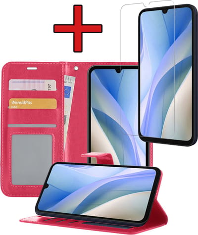 Hoesje - Met Screenprotector - Geschikt voor Samsung Galaxy A15 - Luxe Pasjeshouder - Flipcase - Bookcase Portemonee - Flip Case - Kunstleer Book Case - Book Cover - Walletcase - Portemonneehoes - Telefoonhoes - Donkerroze