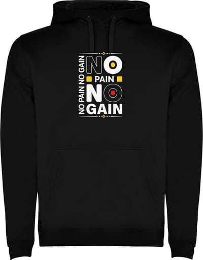 Zwarte unisex hoodie met “ Kleurrijke No Pain No Pain – Sport – Zet Door – Niet opgeven “ Print Full Color Color merk Roly maat S