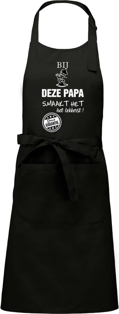 Cadeauschort - tekstschort - Keukenschort - BBQ schort - verjaardag - vaderdag - het smaakt het lekkerst bij deze Papa - zwart