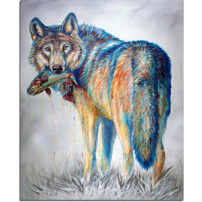 Un loup mordant un poisson 5D bricolage diamant peinture Animal loup diamant broderie 20X30CM blue