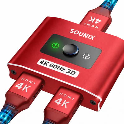 Sounix Bi-Directional HDMI Switch - 4k@60Hz - HDMI Switch 2 Poorts - 2 In 1 Uit / 1 in 2 uit - Aluminium - Rood