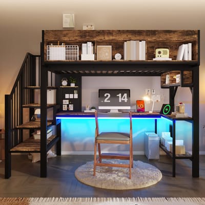 Hoogslaper 90x200 cm - met hoekbureau - opbergruimte - USB-C-aansluiting en LED-verlichting - bruin en zwart - zonder matras