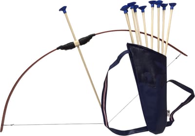Houten PIJL EN BOOG rood 100cm. Uitrusting met rug koker blauw voor pijlen ( 10 pijlen )