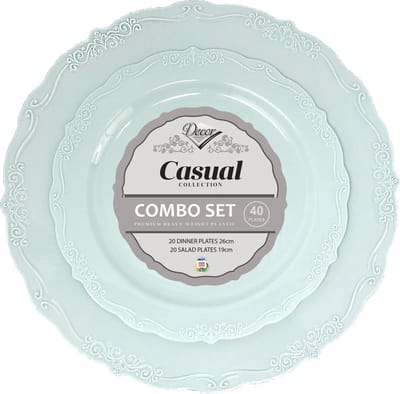 Decorline- Elegante plastic herbruikbareTurkoois bordenset 40 Stuks , Casual collectie, hoogwaardig vintage servies voor Kerstmis,Bruiloften, Verjaardagen, Feesten en Evenementen.