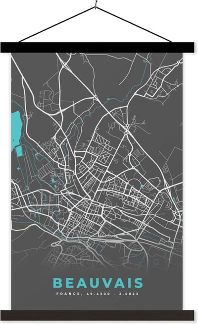 Posterhanger incl. Poster 40x60 cm - Schoolplaat - Frankrijk - Plattegrond - Beauvais - Kaart - Stadskaart - Textielposter - Zwarte latten - Stadskaart