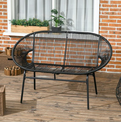 MIVRAY Zitbank 132 Cm - 2-Zits Tuinbank Met Hoge Rugleuning En Gebogen Armleuningen - Voor Terras En Balkon - PE-Rattan Zwart
